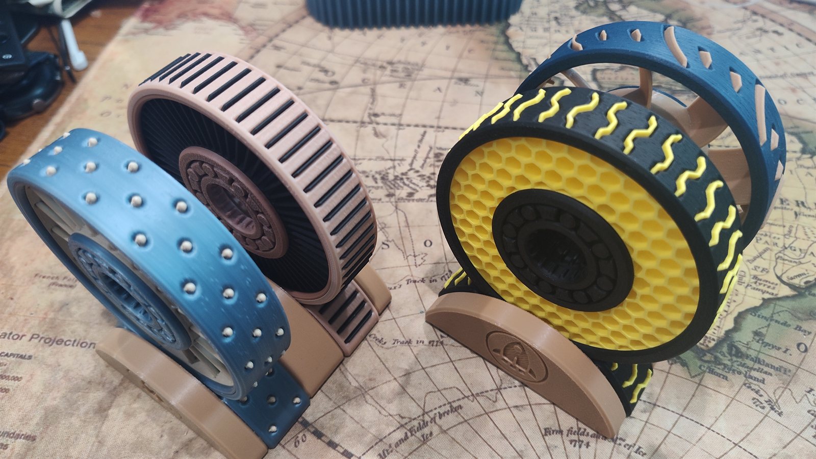 A four-pack of printed fidget spinners in different colors