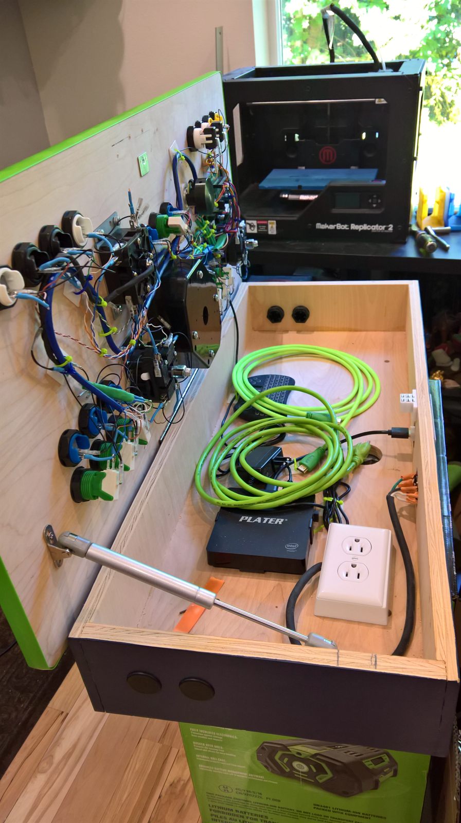 Another angle of the cabinet stood up with internal storage visible