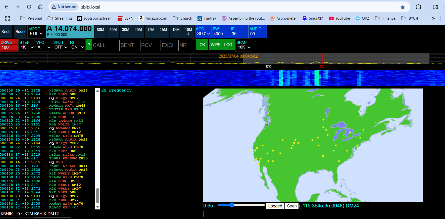 The zBitx FT8 mode UI showing received contacts plotted on a world map