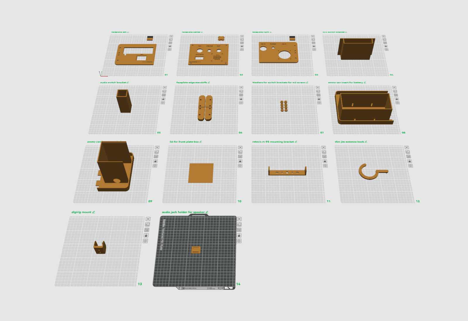 Render sheet showing the custom 3D-printed parts for the VHF/UHF go kit
