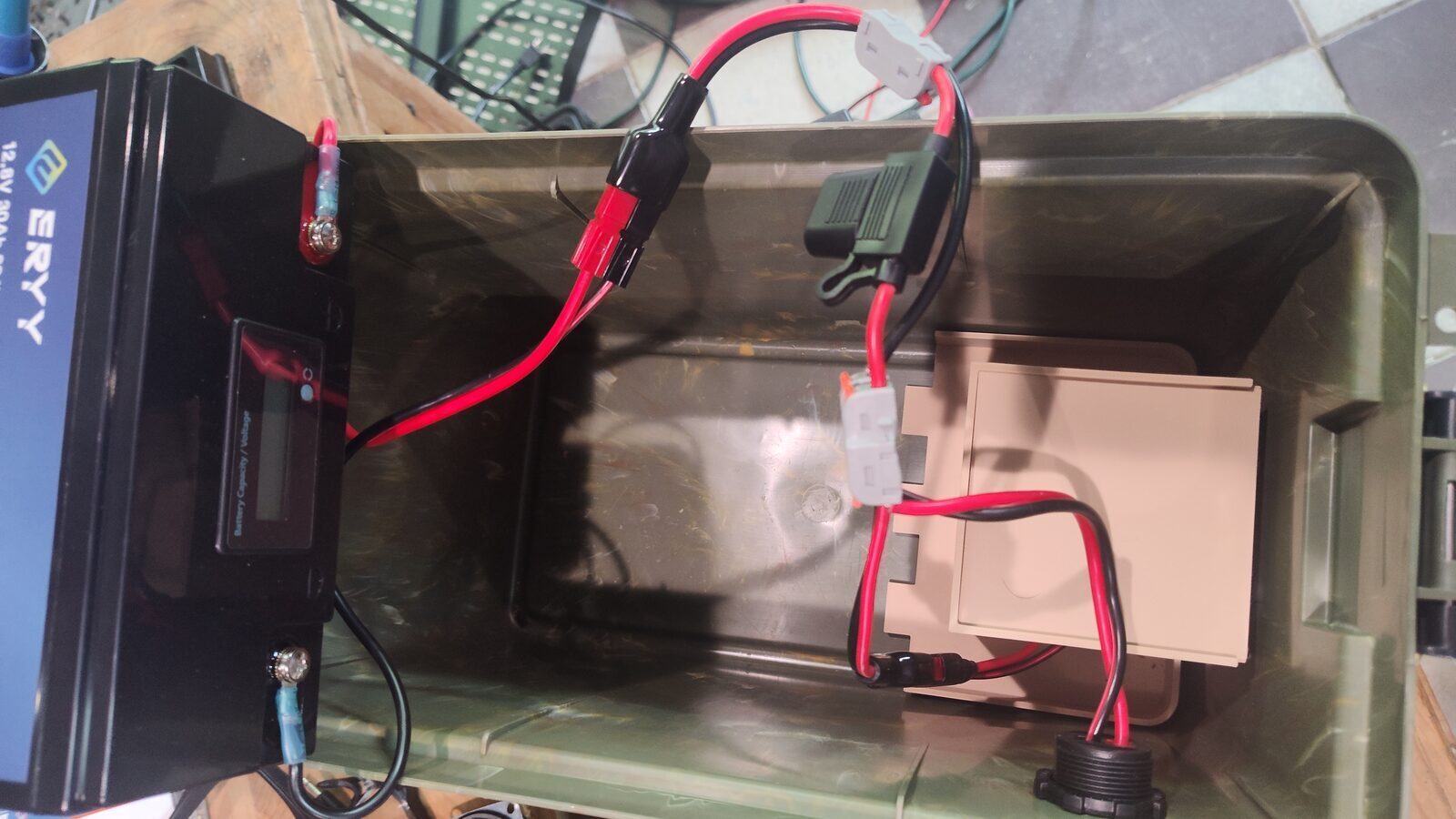 Close-up of battery box wiring and connectors