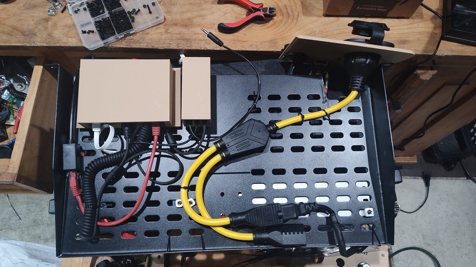 Bottom view of the shelf showing the A/B switch mounts and cable routing