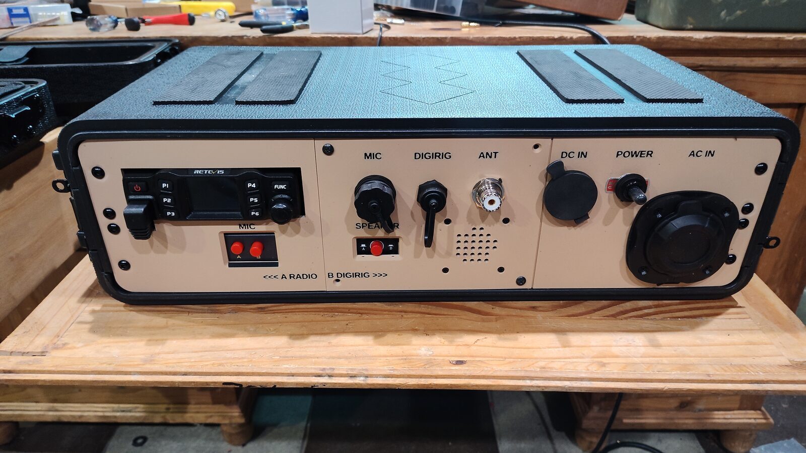 Completed VHF/UHF radio go-kit hardcase with the faceplate installed