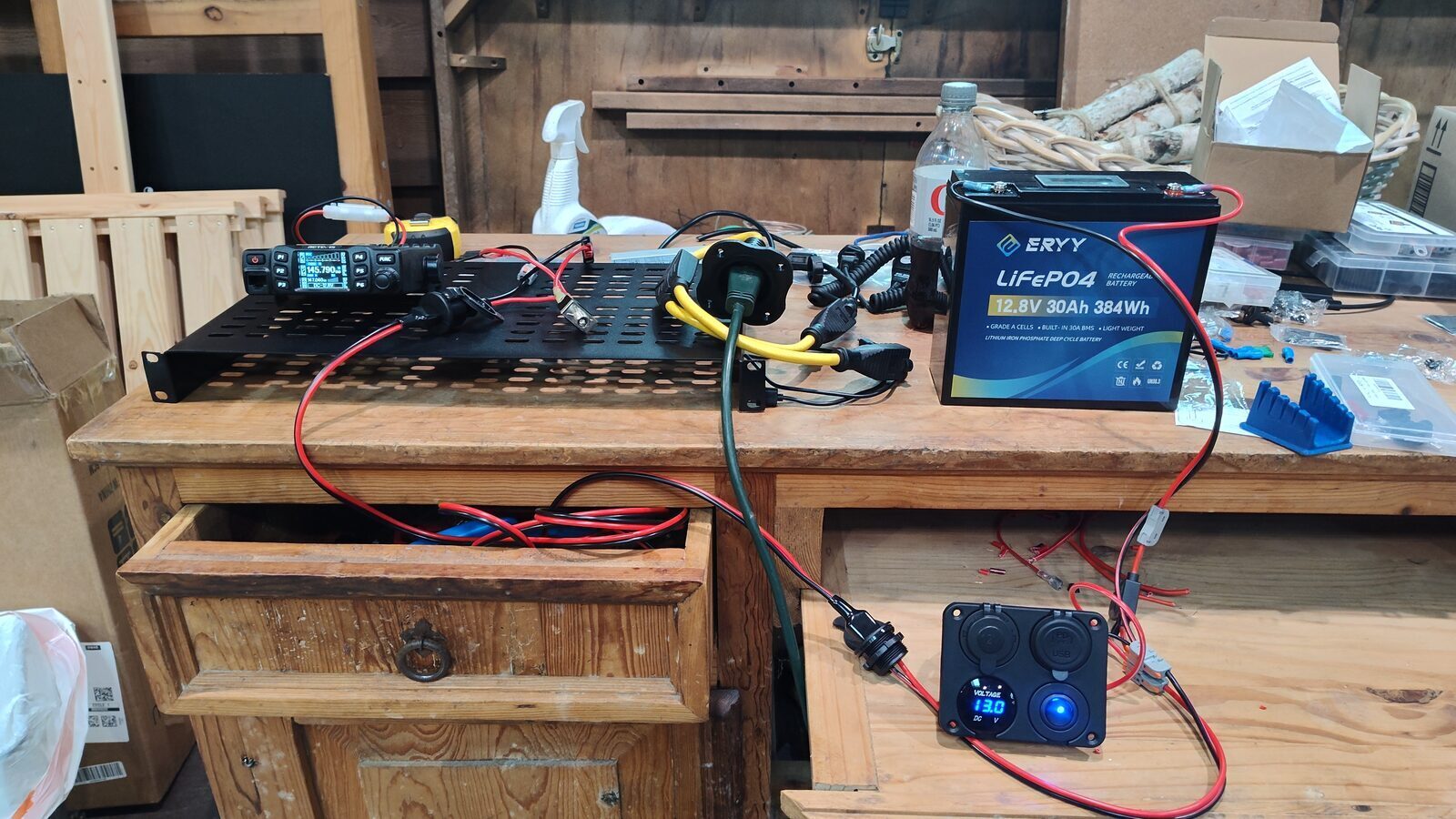 Initial wiring test with the radio, power supply, and DigiRig on the workbench
