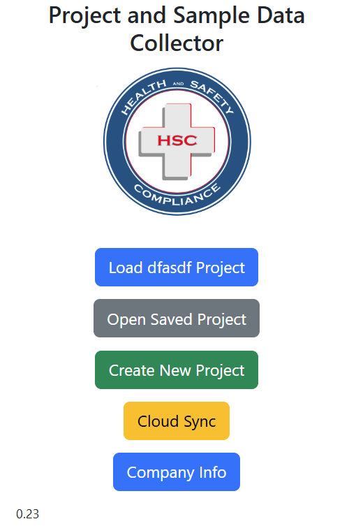 HSC Samples home screen with logo and main action buttons