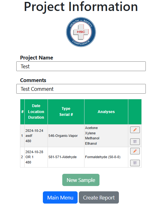 Project Information view with project name, comments, and a table of collected samples
