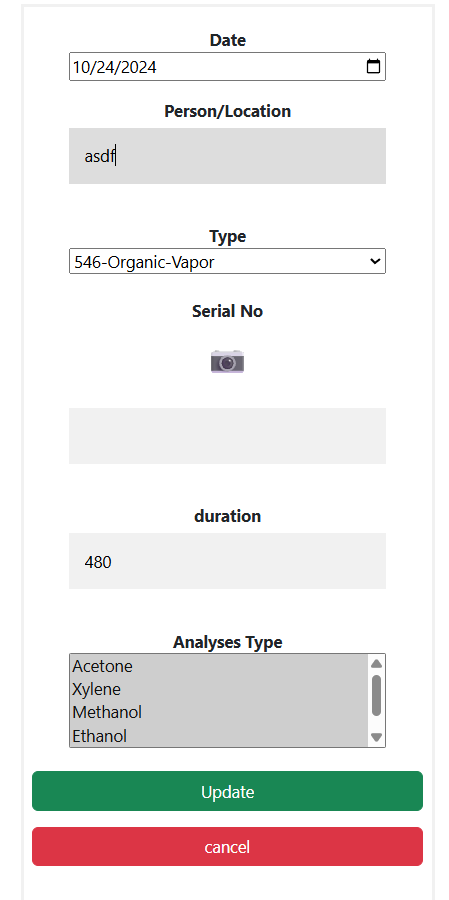 Sample edit form with date, person/location, type, serial number, duration, and analyses type fields