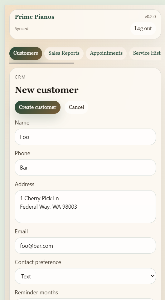 Pitch Ledger Customers tab showing the New customer form with name, phone, address, email, and contact preference fields