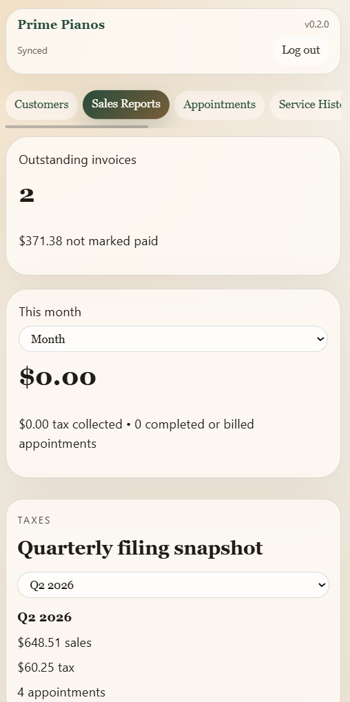 Pitch Ledger Sales Reports tab showing outstanding invoices, monthly totals, and a quarterly filing snapshot