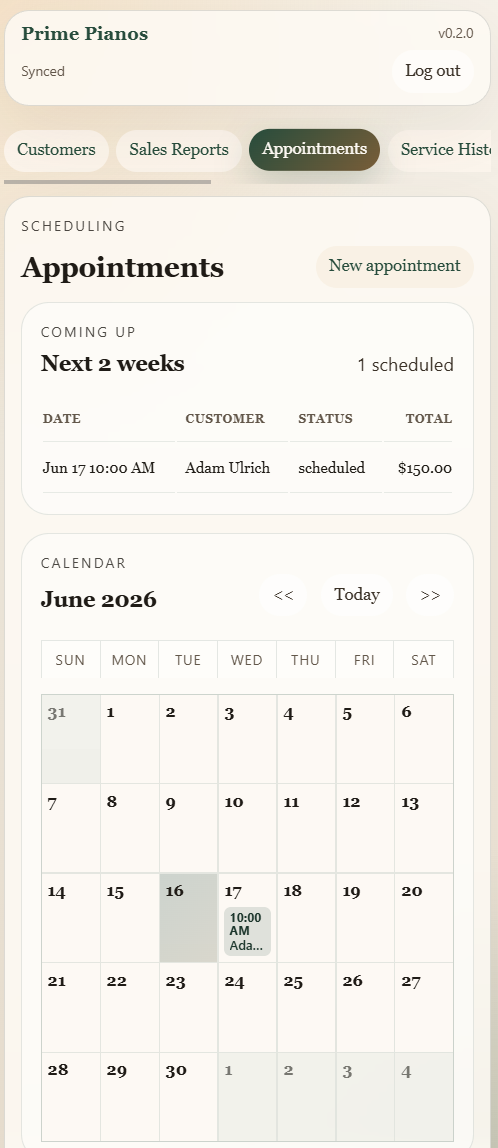 Pitch Ledger Appointments tab with a next-2-weeks list and a month calendar view
