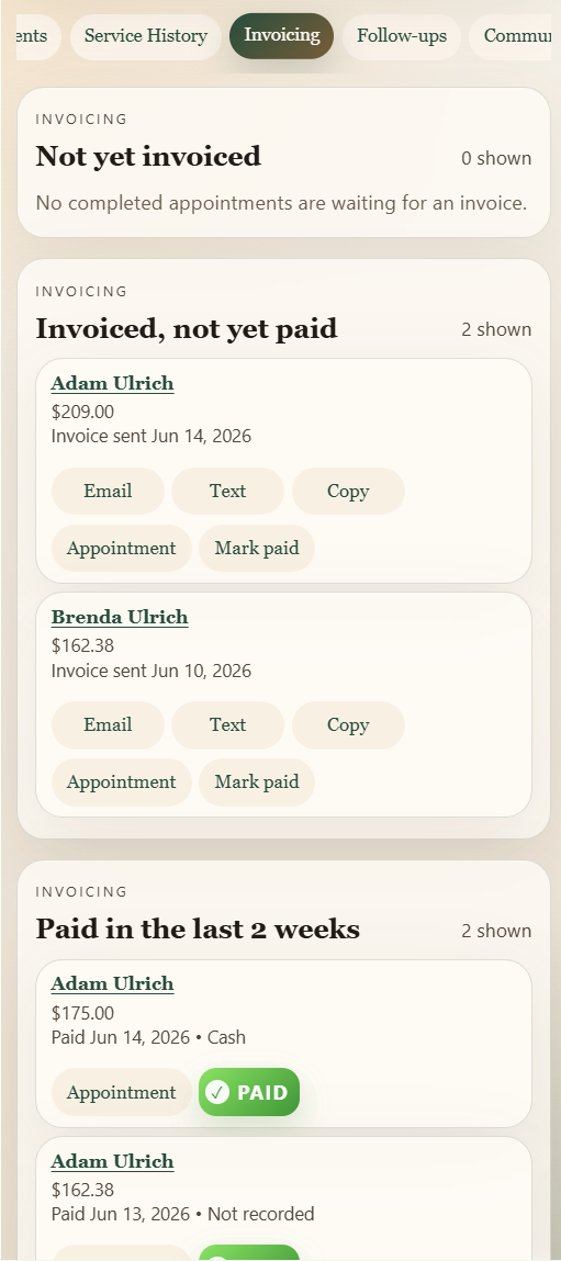 Pitch Ledger Invoicing tab with sections for not yet invoiced, invoiced not yet paid, and paid in the last two weeks