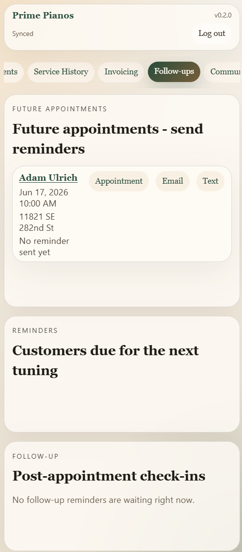 Pitch Ledger Follow-ups tab with sections for future appointment reminders, customers due for the next tuning, and post-appointment check-ins